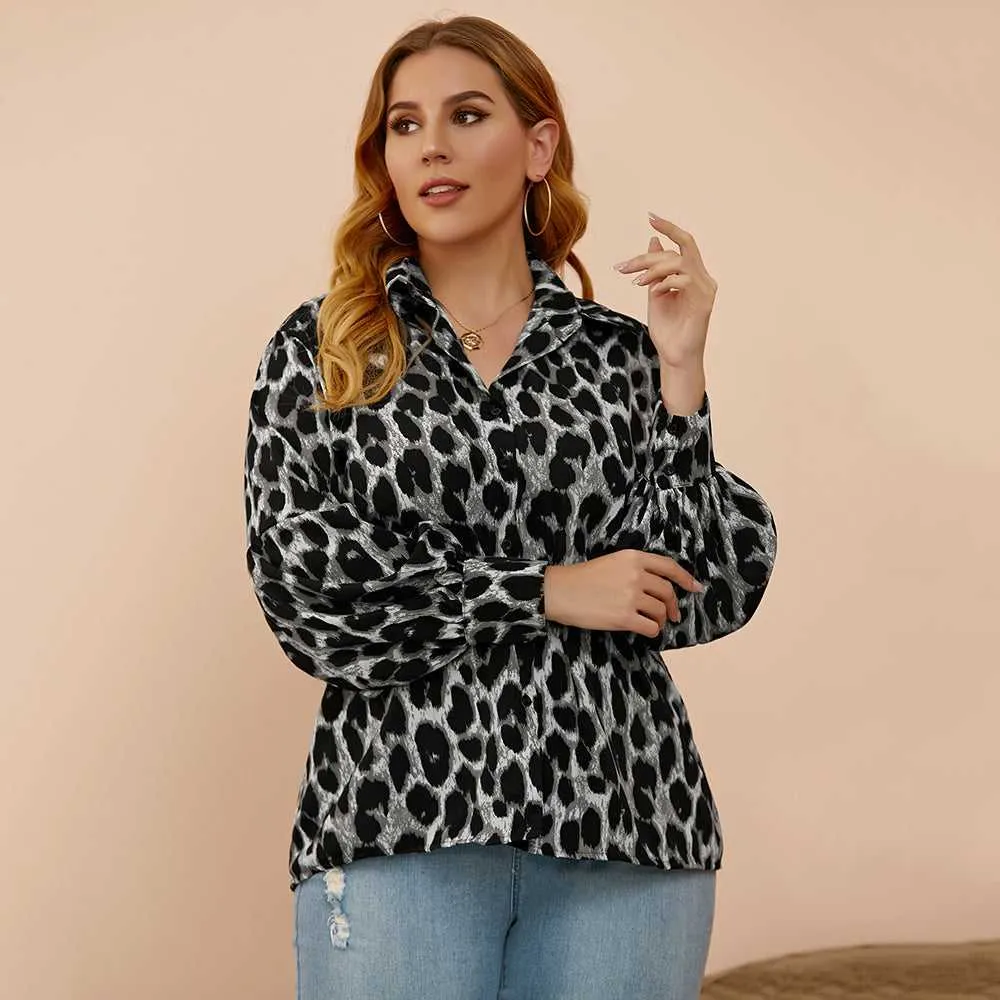 KittenAlarm - Plus size women's loose - fitting leopard-print slim lantern sleeves shirt