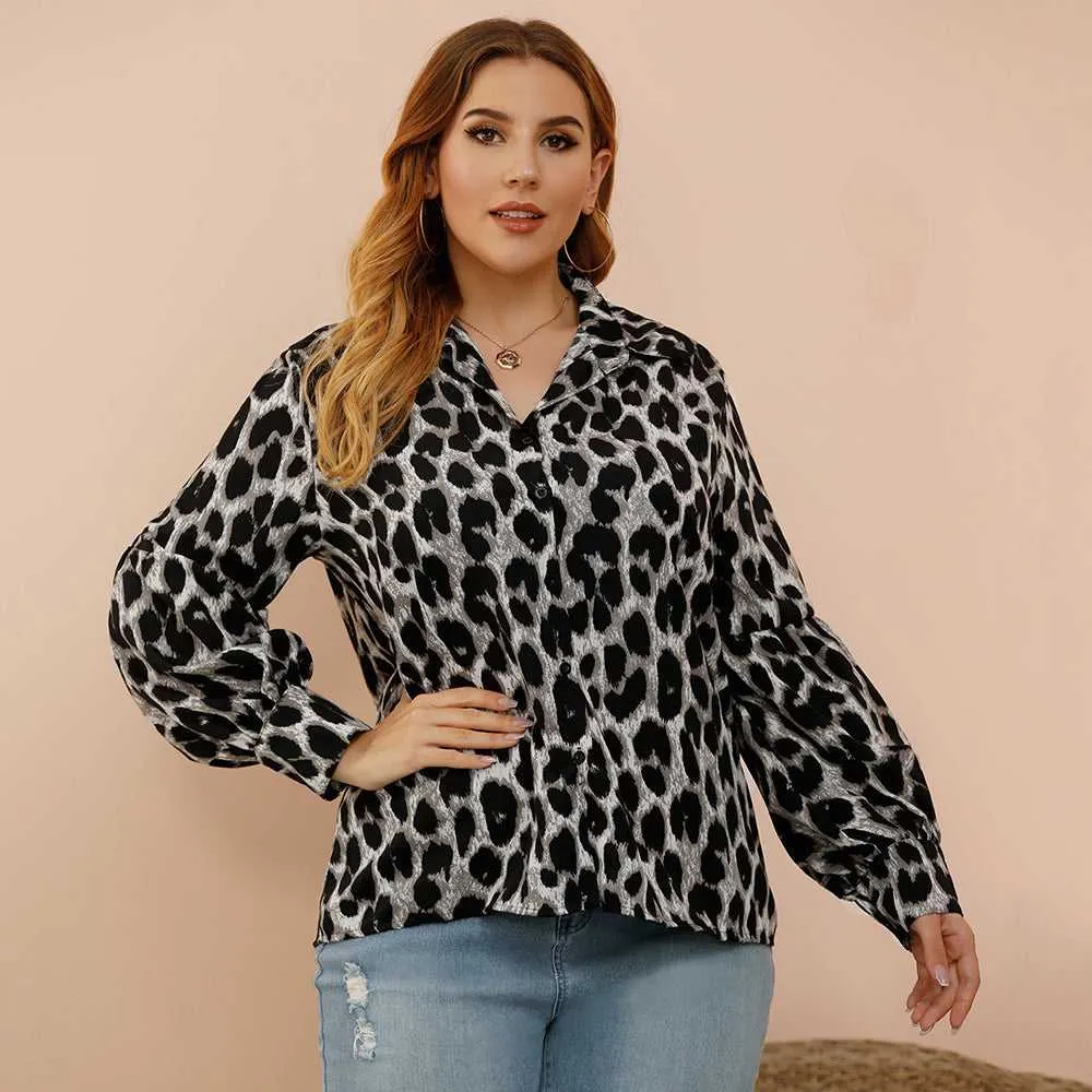 KittenAlarm - Plus size women's loose - fitting leopard-print slim lantern sleeves shirt