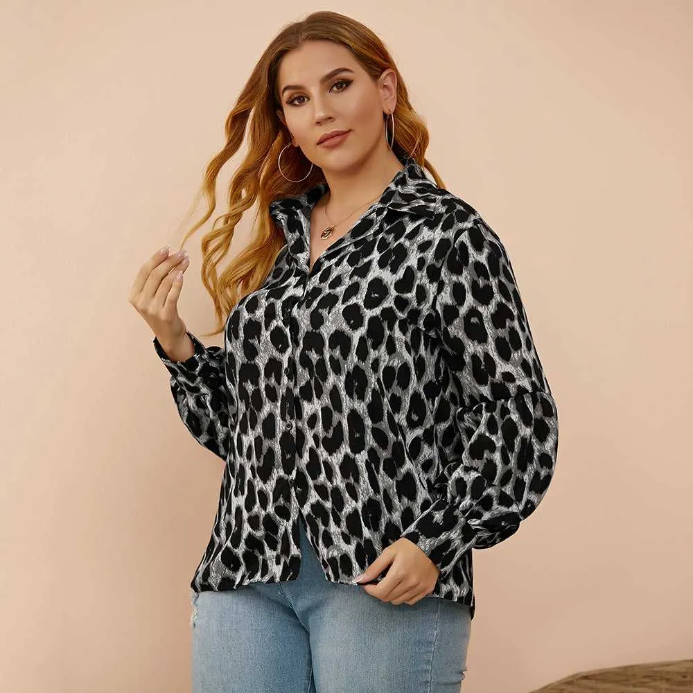 KittenAlarm - Plus size women's loose - fitting leopard-print slim lantern sleeves shirt