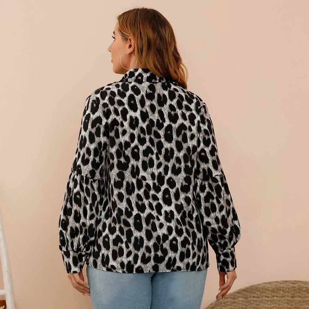 KittenAlarm - Plus size women's loose - fitting leopard-print slim lantern sleeves shirt