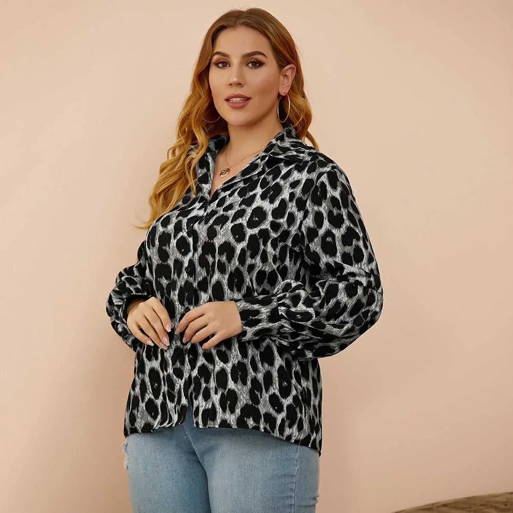 KittenAlarm - Plus size women's loose - fitting leopard-print slim lantern sleeves shirt