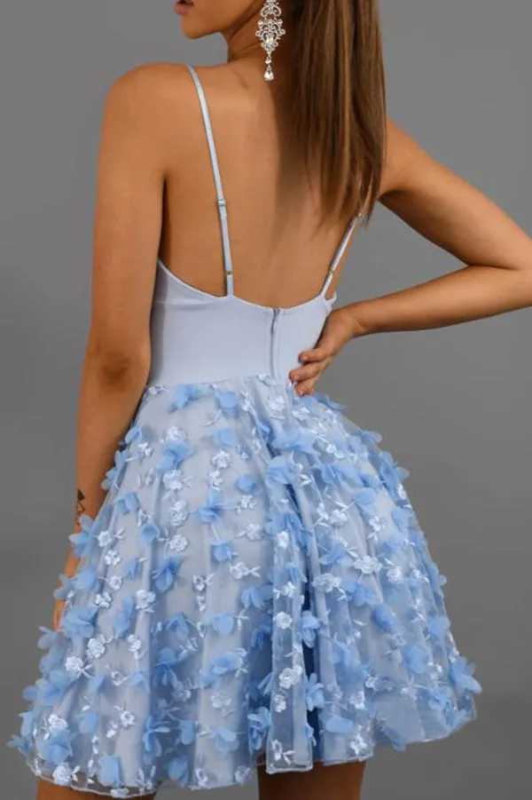 Light Blue Lace Spaghetti Straps Homecoming Dresses, Short Prom Dresses, SH529