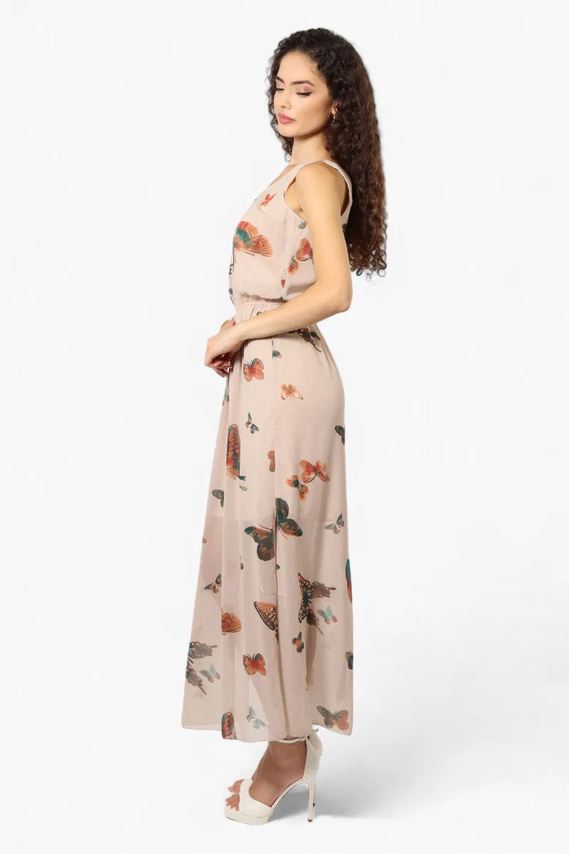 Limite Butterfly Pattern Sleeveless Tank Maxi Dress - Taupe