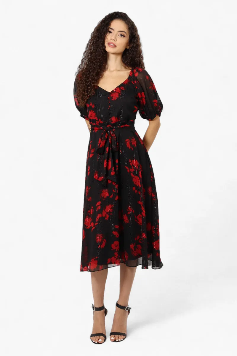 Limite Patterned Belted Puff Sleeve Maxi Dress - Black