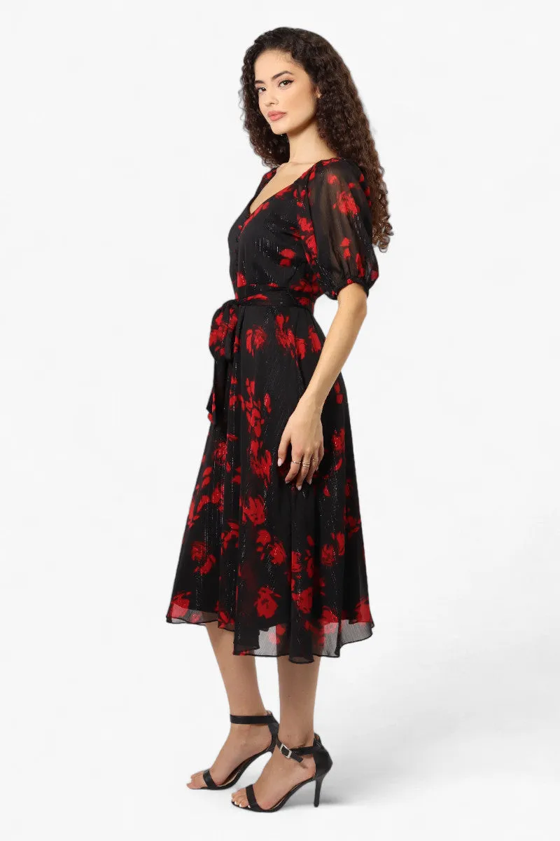 Limite Patterned Belted Puff Sleeve Maxi Dress - Black