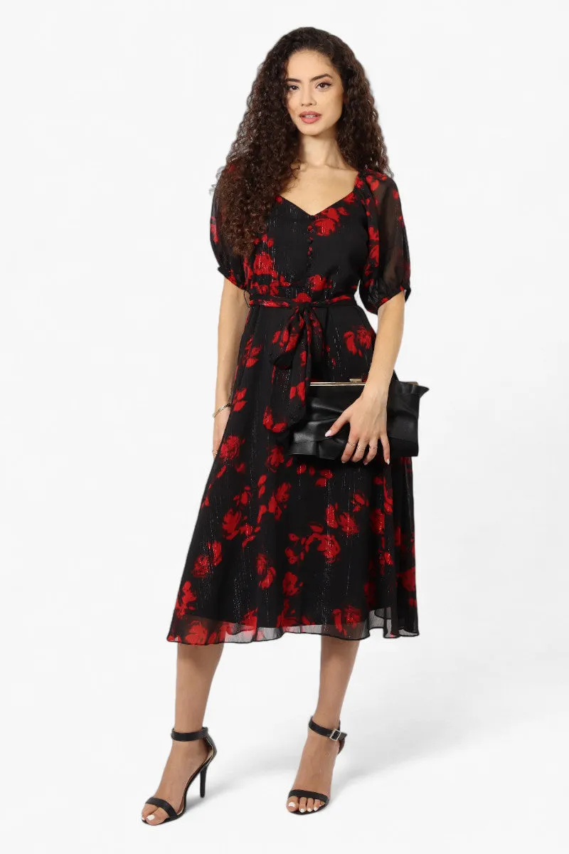 Limite Patterned Belted Puff Sleeve Maxi Dress - Black