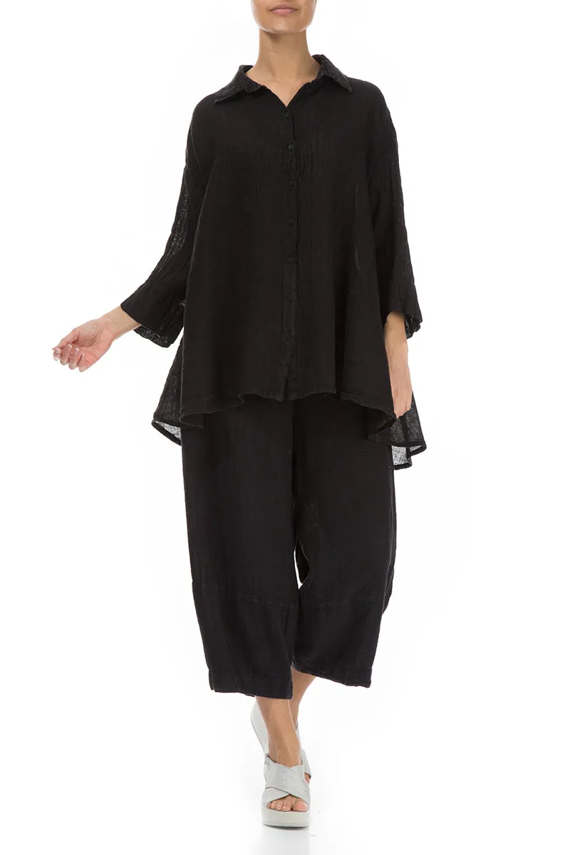 Loose Black Gauze Linen Shirt