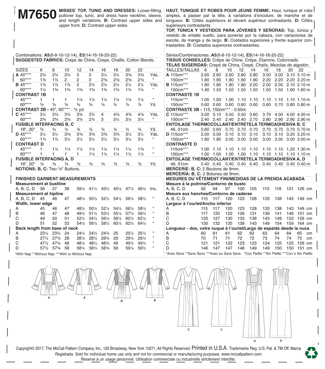 M7650 Misses' V-Neck or Square-Neck Top, Tunic, and Dresses (size: 14-16-18-20-22)