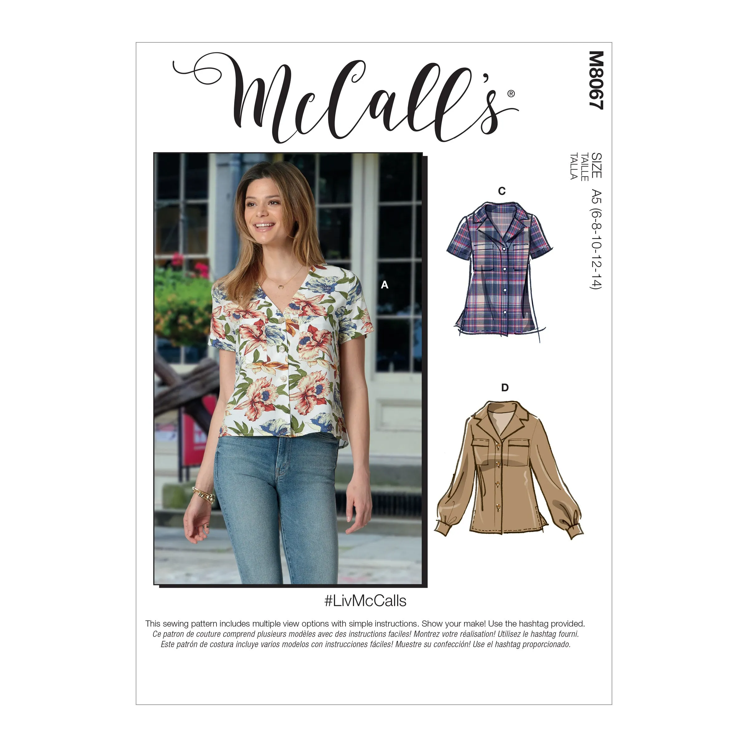 M8067 #LivMcCalls - Misses' Button-Front Tops with Collar and Sleeve Options