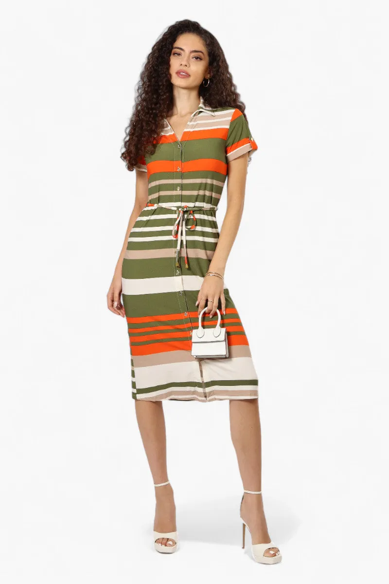 Majora Striped Button Down Tie Waist Maxi Dress - Olive