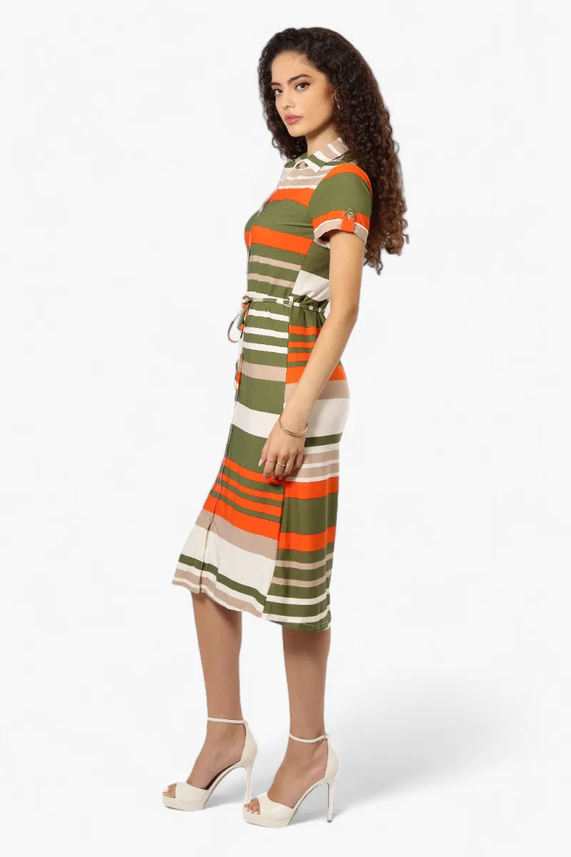 Majora Striped Button Down Tie Waist Maxi Dress - Olive