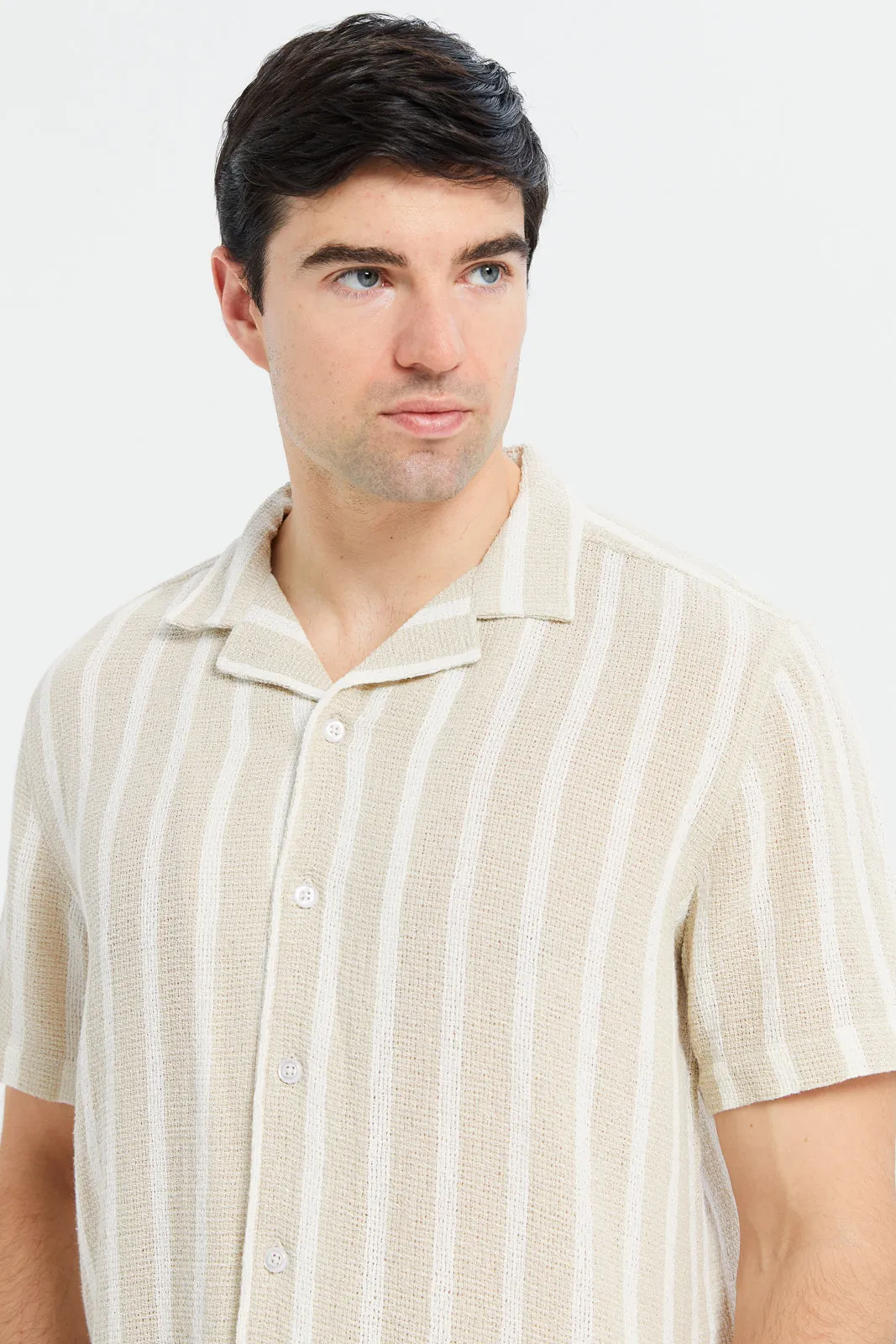 Men Beige Loose Weave Resort Shirt