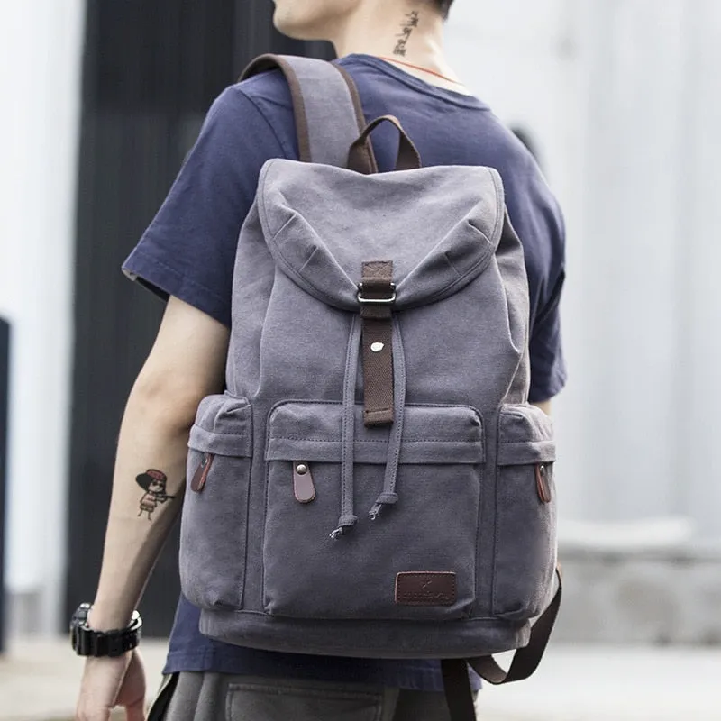 Men Canvas Bucket Backpack Students School Bag Casual Luggage Laptop bags Travel Large Capacity Rucksack USB Mochila XA91WC