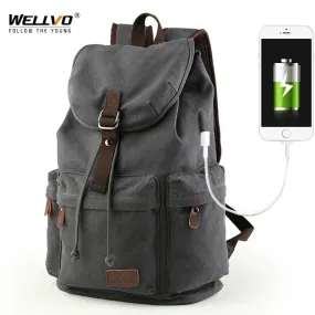 Men Canvas Bucket Backpack Students School Bag Casual Luggage Laptop bags Travel Large Capacity Rucksack USB Mochila XA91WC