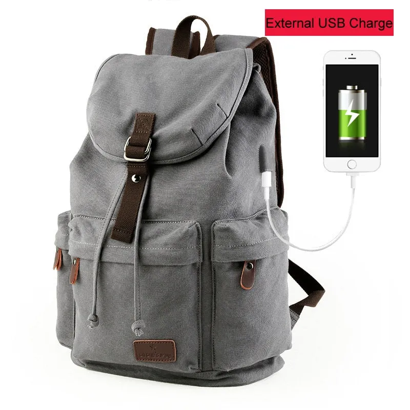 Men Canvas Bucket Backpack Students School Bag Casual Luggage Laptop bags Travel Large Capacity Rucksack USB Mochila XA91WC