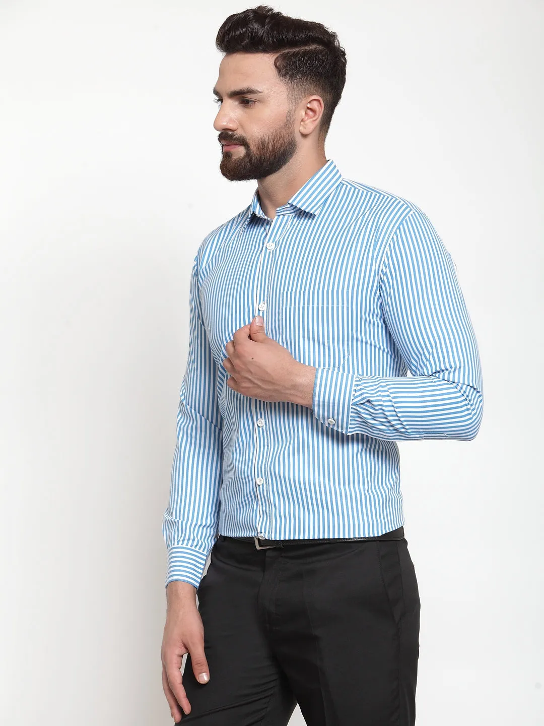 Men's Blue Cotton Striped Formal Shirts ( SF 735Sky ) - Jainish