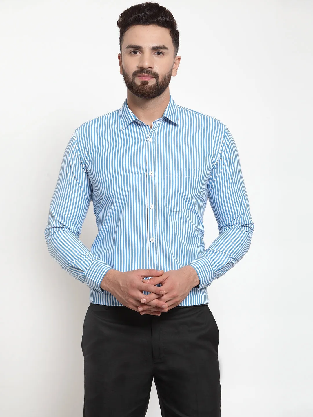 Men's Blue Cotton Striped Formal Shirts ( SF 735Sky ) - Jainish