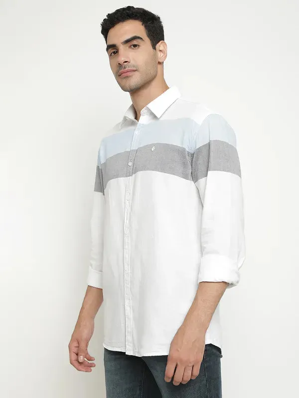 Mettle Men White Horizontal Stripes Opaque Striped Casual Shirt