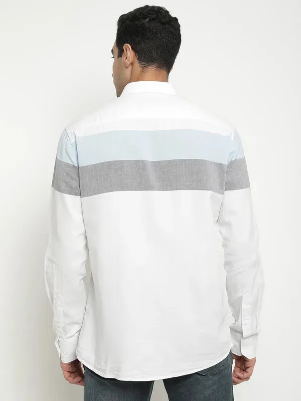 Mettle Men White Horizontal Stripes Opaque Striped Casual Shirt