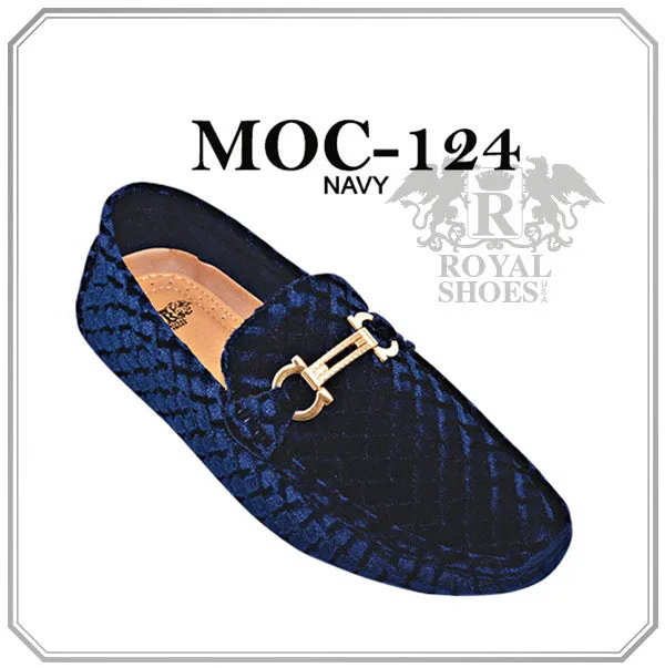 Navy Blue Velvet Men's Loafer Printed Material Men's Driver