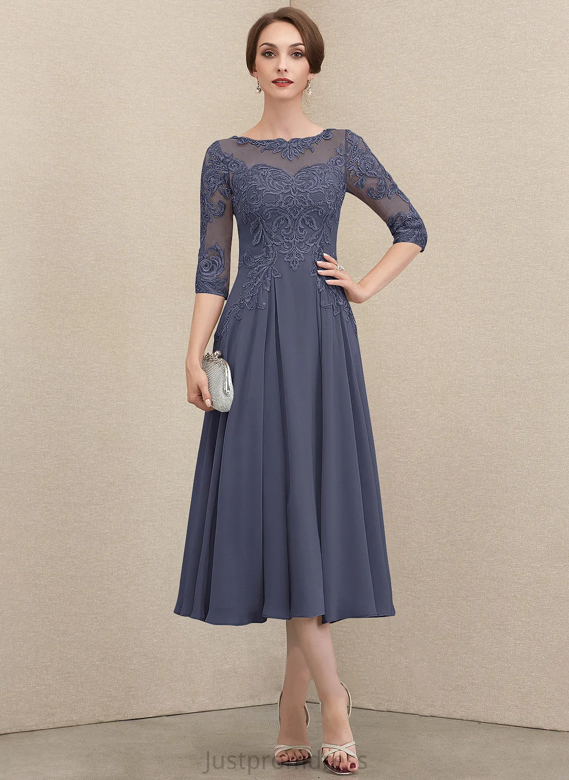 Nell Round Lace Chiffon Dresses Neck Formal Dresses A-line