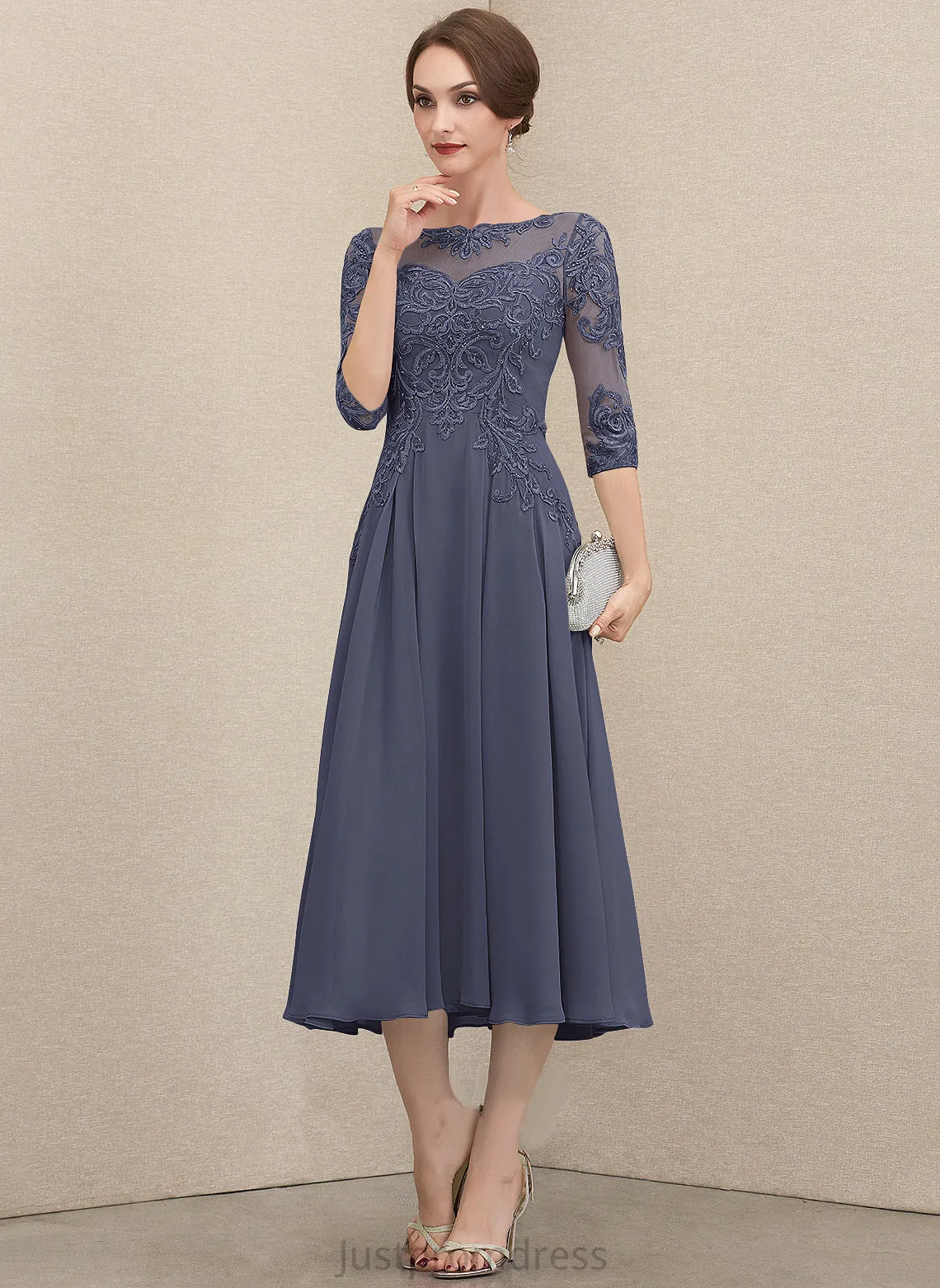 Nell Round Lace Chiffon Dresses Neck Formal Dresses A-line