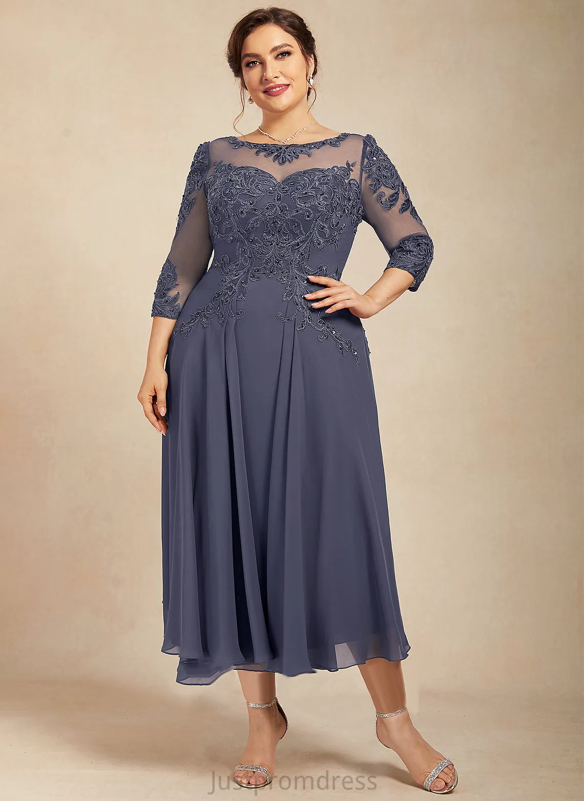 Nell Round Lace Chiffon Dresses Neck Formal Dresses A-line