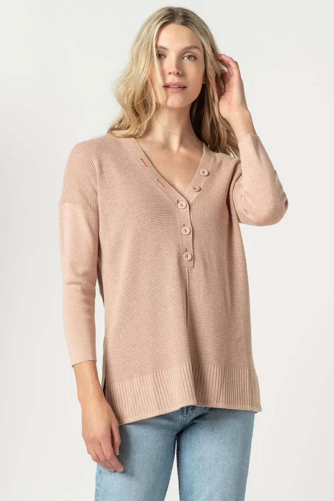 PA1586c LILLA P Button Henley Tunic Sweater