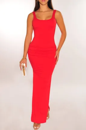 Red Ruched Sides Slit Maxi Dress