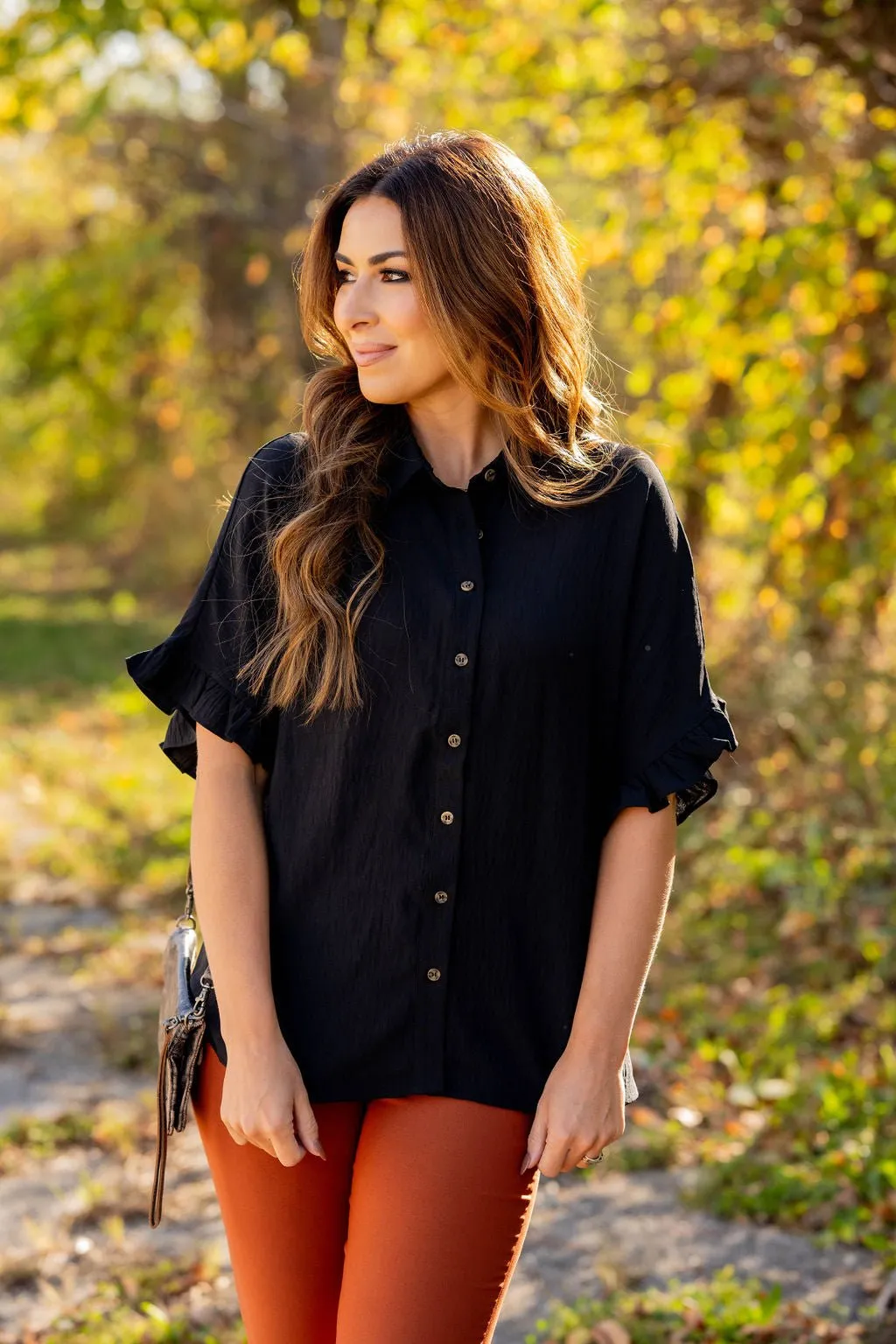 Relaxed Ruffle Trim Button Up Blouse