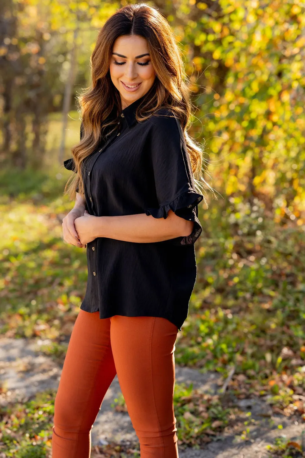 Relaxed Ruffle Trim Button Up Blouse