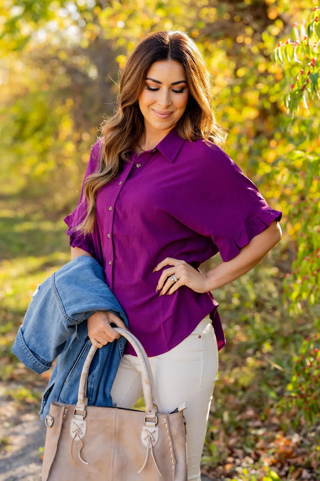 Relaxed Ruffle Trim Button Up Blouse