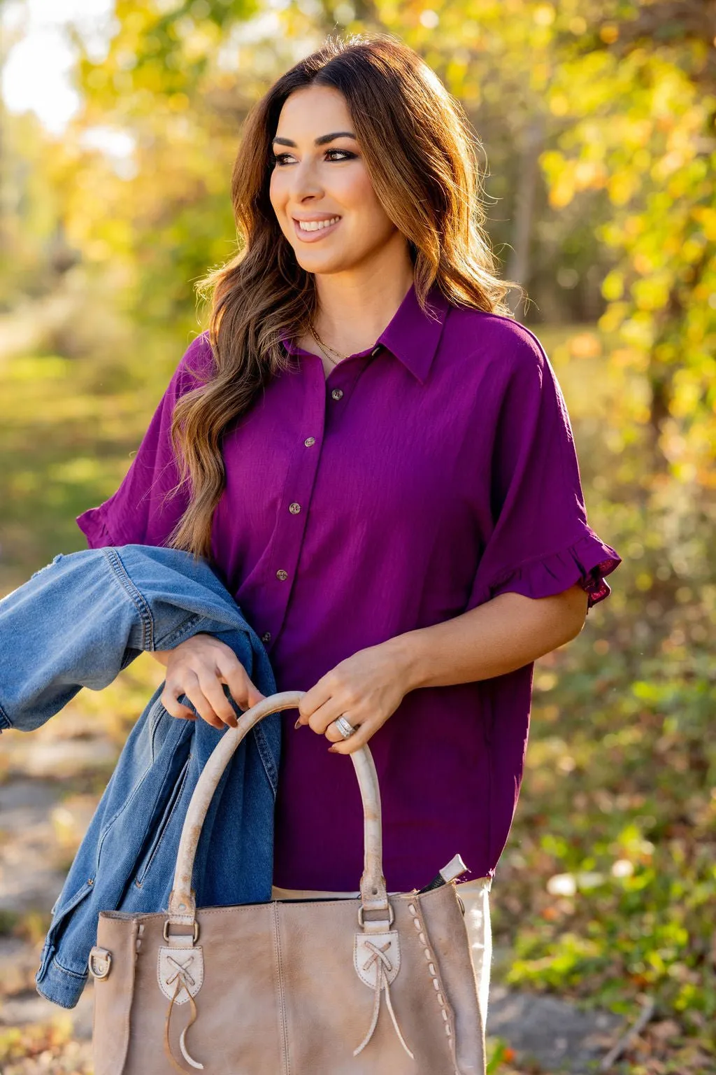 Relaxed Ruffle Trim Button Up Blouse