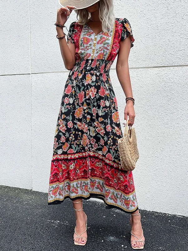 Smocked Waist A-Line Midi Dress with Floral Print & Short Sleeves