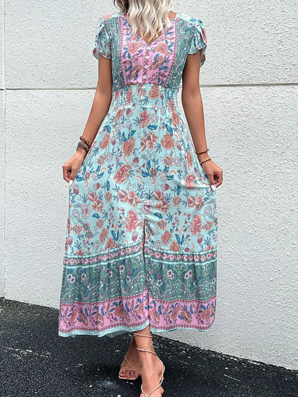 Smocked Waist A-Line Midi Dress with Floral Print & Short Sleeves