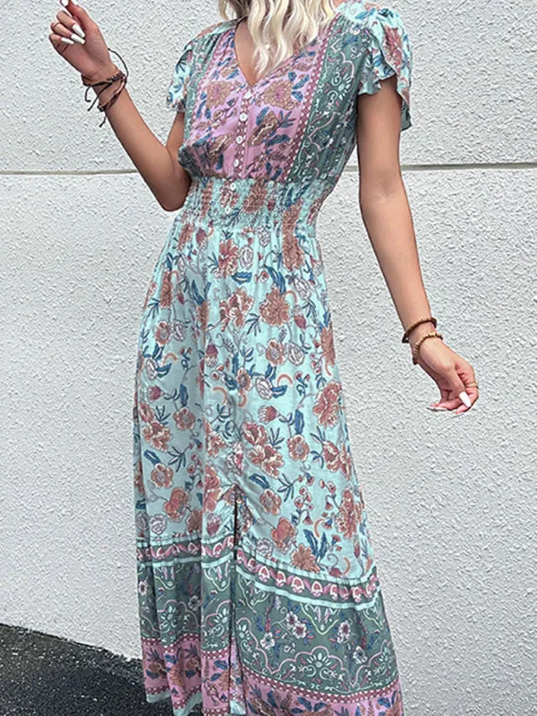 Smocked Waist A-Line Midi Dress with Floral Print & Short Sleeves