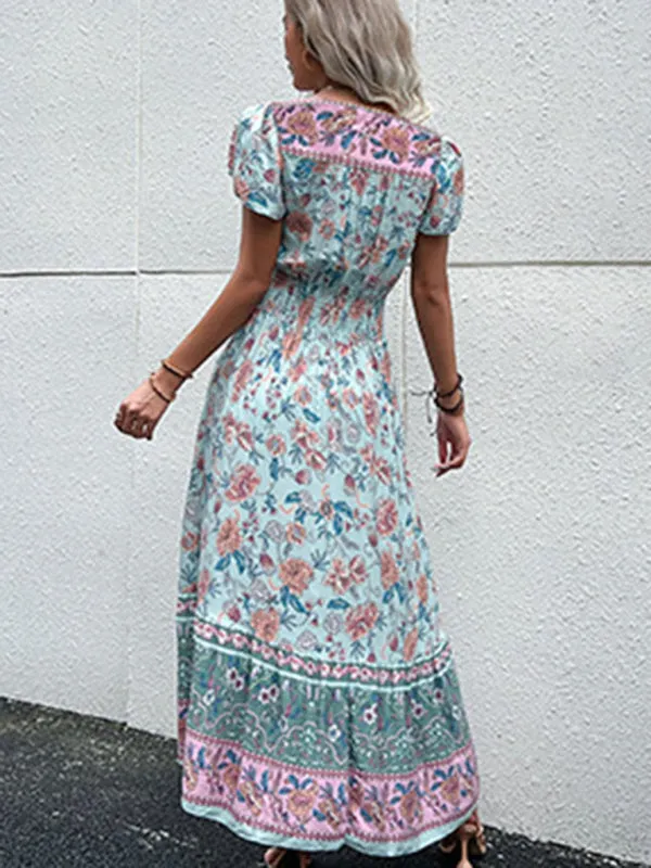 Smocked Waist A-Line Midi Dress with Floral Print & Short Sleeves