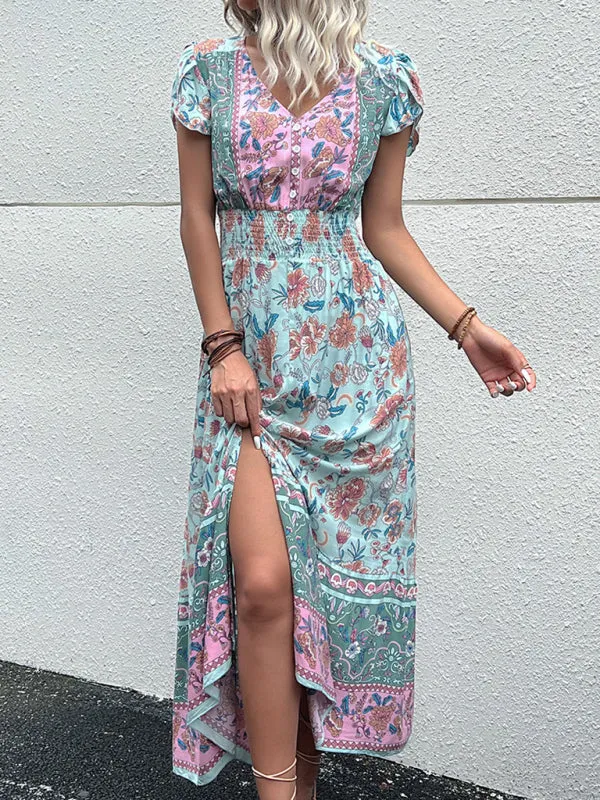 Smocked Waist A-Line Midi Dress with Floral Print & Short Sleeves