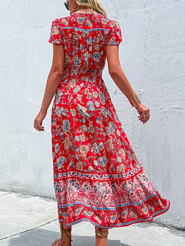 Smocked Waist A-Line Midi Dress with Floral Print & Short Sleeves