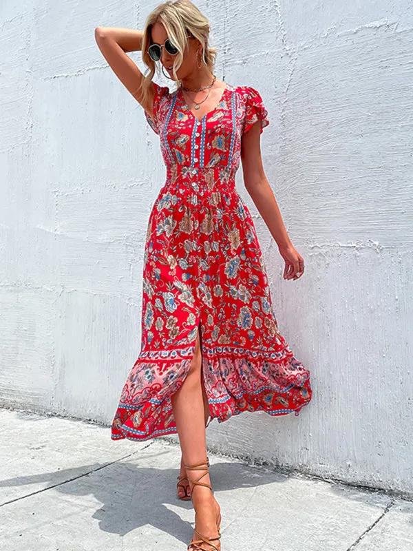 Smocked Waist A-Line Midi Dress with Floral Print & Short Sleeves