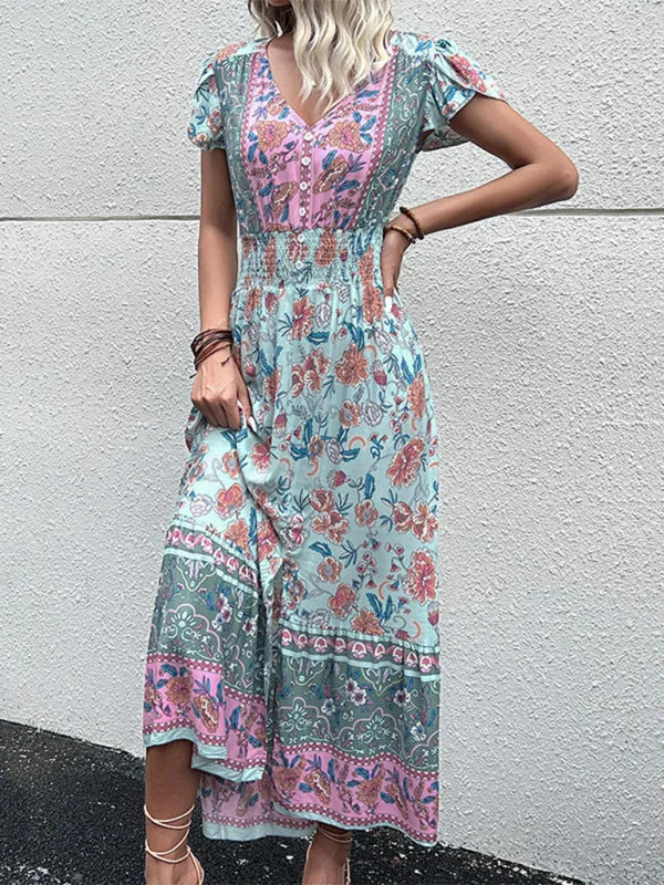 Smocked Waist A-Line Midi Dress with Floral Print & Short Sleeves