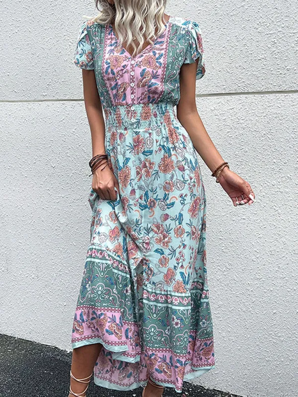 Smocked Waist A-Line Midi Dress with Floral Print & Short Sleeves