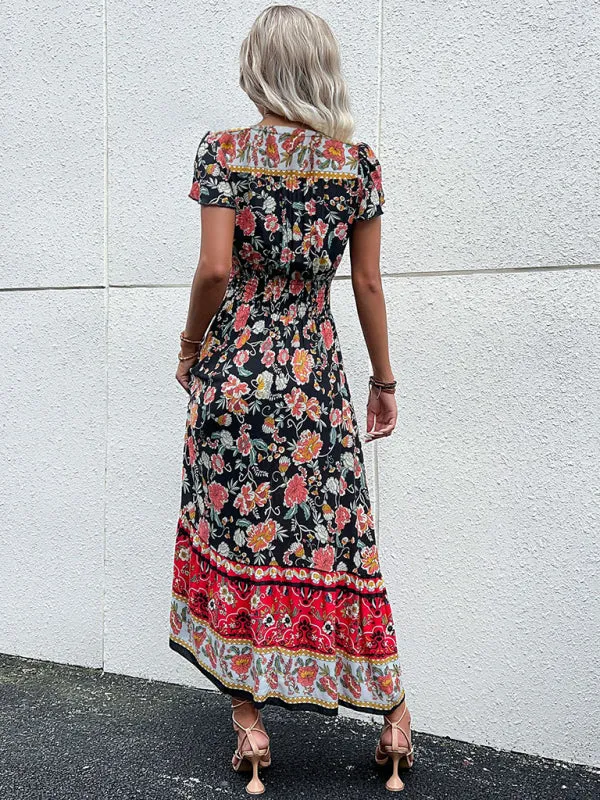 Smocked Waist A-Line Midi Dress with Floral Print & Short Sleeves