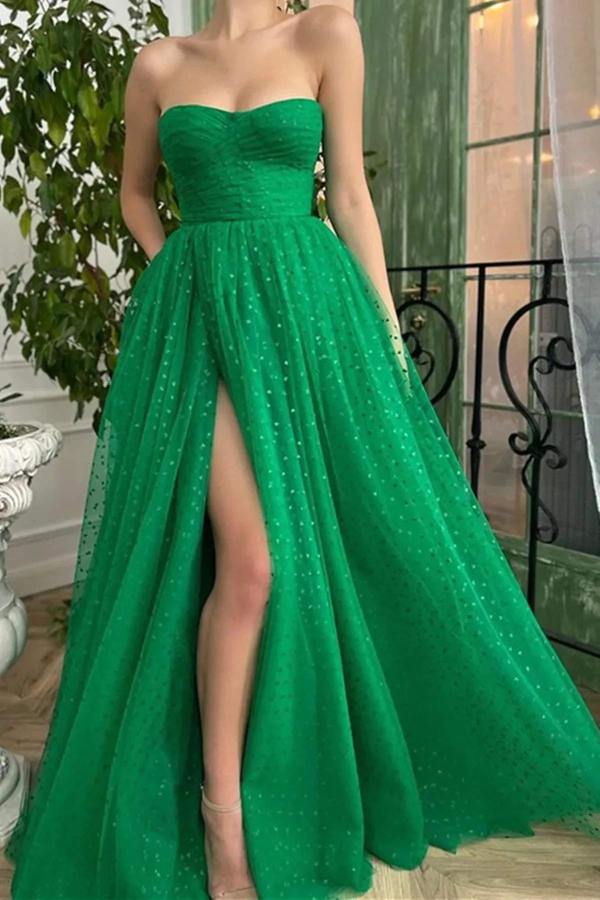 Strapless Green Long A Line Tulle Prom Dresses, Formal Evening Dresses OK1993