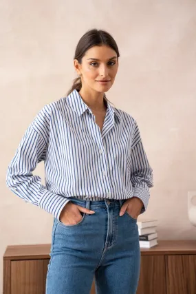 Striped Cotton Shirt with Lapel Collar  Navy Blue