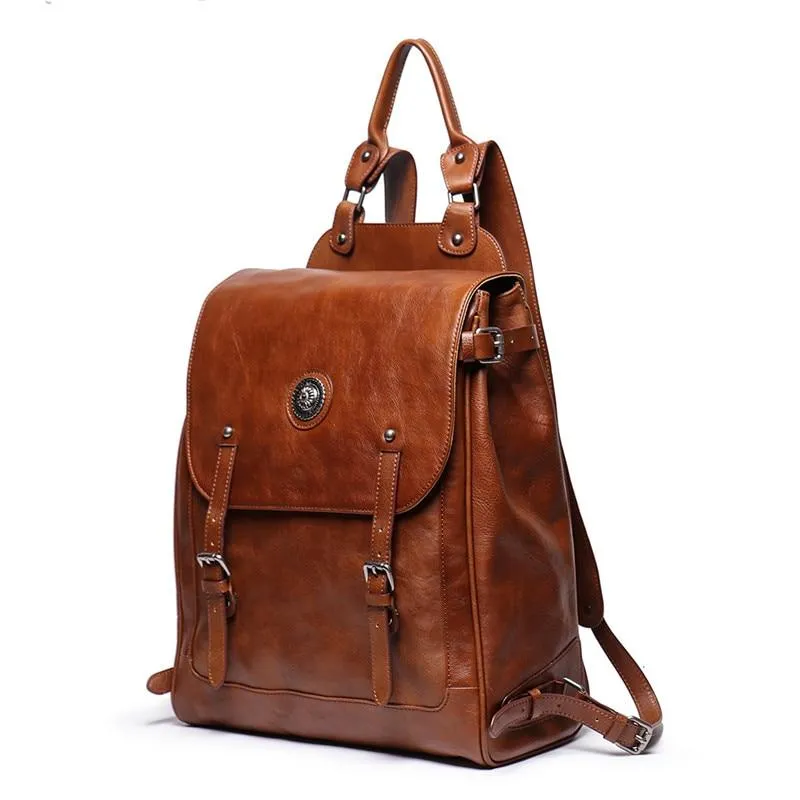 Vintage Unisex Brown Coffee Genuine Leather 14'' 15.6'' Laptop Backpack